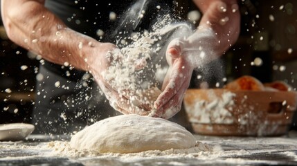 Fototapeta premium Male hands skillfully preparing pizza dough, with flour sprinkling the air