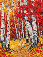 A vibrant painting of a forest with red and yellow leaves creating a colorful autumn scene