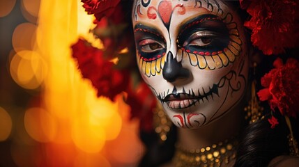Stunning Close-up of Dia De Los Muertos Woman, Her Expressive Eyes Tell Tales of Timeless Tradition and Vibrant Culture