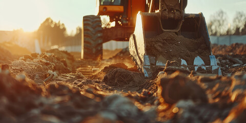 Earthwork in Progress - Backhoe Digging Soil. Close-up of a backhoe bucket digging into the earth, dynamic soil movement background. - obrazy, fototapety, plakaty