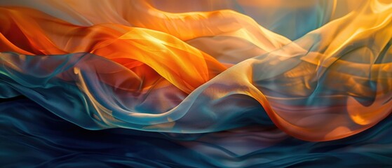 A photograph of silk-like textures flowing radiant orange and deep blue colors - obrazy, fototapety, plakaty