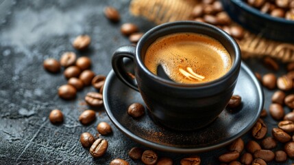 Close-up shot of a black espresso cup brimming with freshly brewed coffee, with roasted coffee beans strewn around it on a rustic background - obrazy, fototapety, plakaty