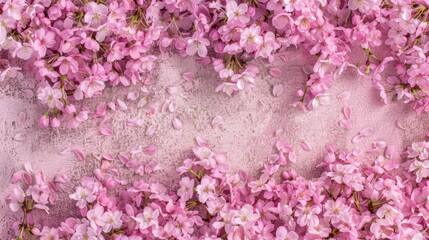 Cherry blossoms in full bloom, creating a vibrant pink carpet against a soft pastel pink background, perfect for a spring banner