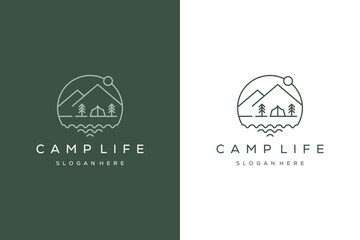 Premium wooden camp and pine forest mountain line art logo design
