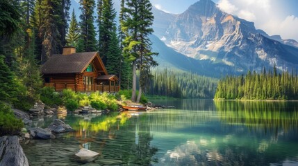 Log cabin surrounded by lush greenery near a quiet lake - obrazy, fototapety, plakaty