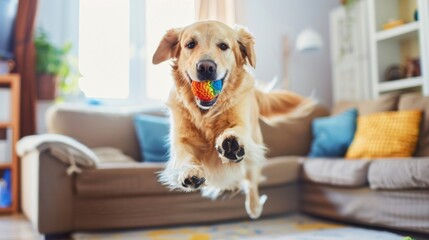 Golden retriever jumping into the air with a toy in his mouth