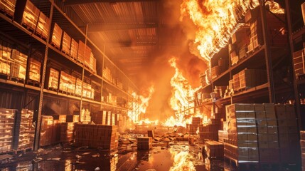 The fire quickly spreads through the warehouse, clouds of smoke and flames engulf stacked boxes - obrazy, fototapety, plakaty