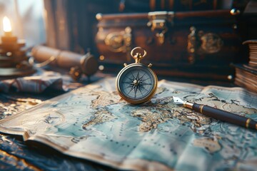 A map of world  is placed on a table with a brass compass and a quill professional photography