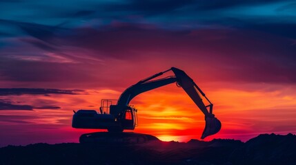 Fototapeta na wymiar Excavator digging the ground, silhouetted against the vibrant colors of the setting sun
