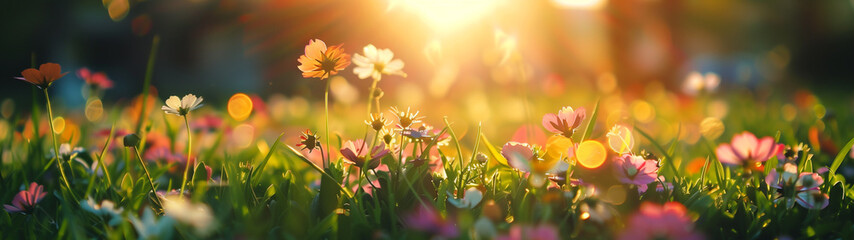Gentle Whispers of Spring: Colorful Flowers in a Breeze - obrazy, fototapety, plakaty