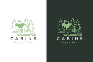Premium wooden cabin and pine forest mountain line art logo design