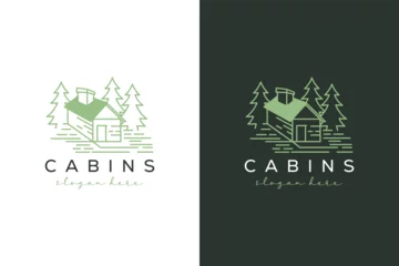 Foto op Canvas Premium wooden cabin and pine forest mountain line art logo design © Fahmiy