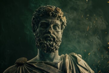 Obraz premium Classical stoic greek, roman statue with a colorful spark background. A classical sculpture with intricate details, focusing on historical art, with the face area blurred for anonymity