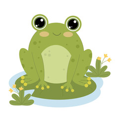 Cute frog in nature. Funny green frog character on a leaf. Vector illustration in flat style on white background.