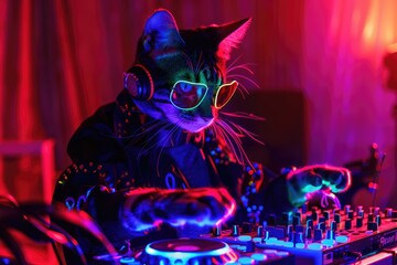 DJ dressed as a cat man in neon lights