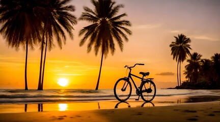 the tranquil beauty of a sunset over the beach with a bicycle, evoking serenity, adventure, and scenic tranquility