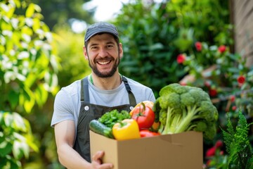 smiling courier with a box of fresh vegetables and fruits in his hands symbol of organic nutrition