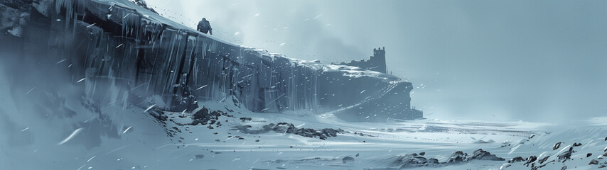 A Castle on a Cliff in a Snowy Landscape - obrazy, fototapety, plakaty