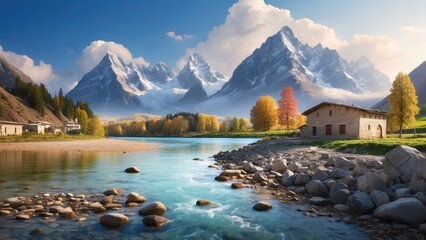 beautiful landscape with mountain and river illustration, hd wallpaper images