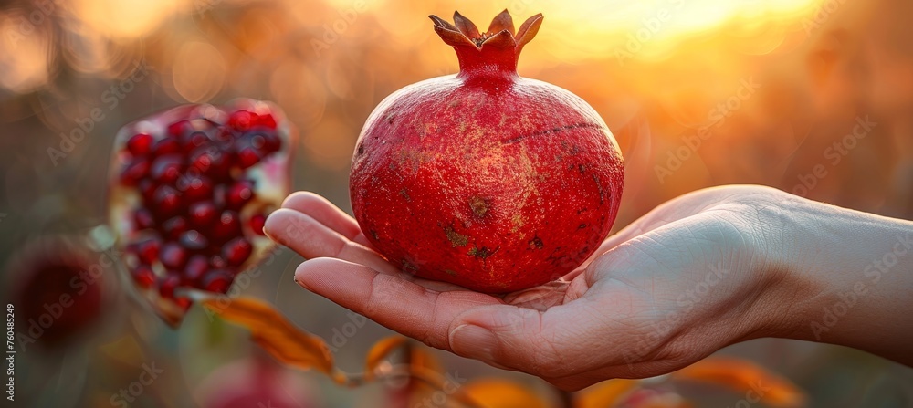 Wall mural ripe pomegranate in hand, selection of pomegranates on blurred background with copy space