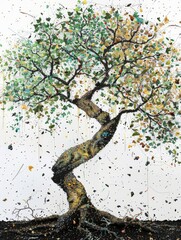 A detailed painting of a tree with a dense canopy of green leaves, showcasing the vibrant and abundant foliage