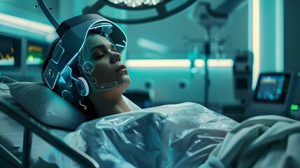 In the ward of the clinic of the future, the girl patient is resting, surrounded by cutting-edge devices that not only treat, but also constantly monitor her condition, providing a high level of medic