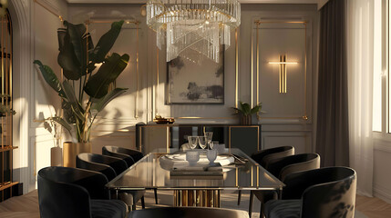 Contemporary Art Deco dining room with a sleek glass dining table, velvet dining chairs, and a statement chandelier dripping with crystal accents