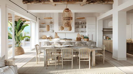 Coastal-inspired dining room with a white-washed dining table, rattan dining chairs, and a rope-wrapped chandelier evoking a beachy vibe - obrazy, fototapety, plakaty