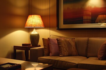 A cozy living room corner with a warm lamp glow and comfortable sofa.