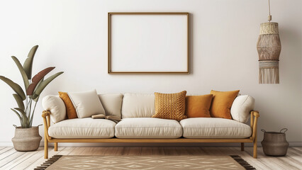 sofa against wall with blank mock up poster frame, boho interior design of modern living room.