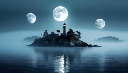 3 full moon over the sea,three moons rising from an almost smooth ocean, the largest only risen halfway. a tree-covered small island with a lighthouse is silhouetted. the obsidian black sky