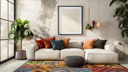 sofa against wall with blank mock up poster frame, boho interior design of modern living room.