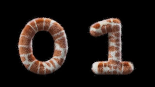 3D animation woolen numbers 0 and 1. Wool in the style of the Giraffe animal. The file contains an Alpha Channel. ProRes4 RGBA