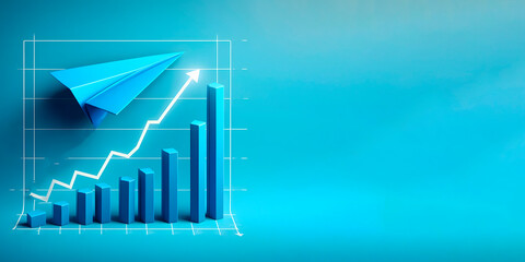 Growth graph on isolated background with blue paper plane, banner with space for text