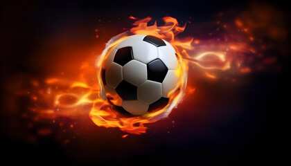 A burning soccer ball on a black, swirling abstract background