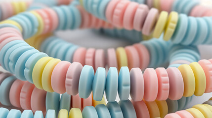 Pastellfarbene Zucker Perlen Halsketten oder Armbänder in Nahaufnahme auf weißem Hintergrund, Nostalgische Süßigkeiten - obrazy, fototapety, plakaty