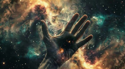 human hand in front of a galaxy symbolizing technical and science research progress. conceptual...