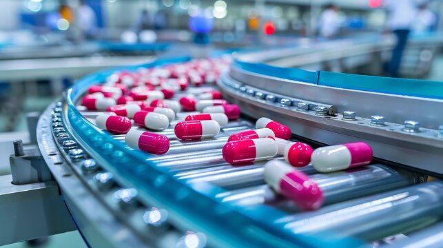 Automated conveyor line in pharmaceutical manufacturing facility with glass bottles