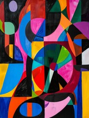 A vibrant abstract painting featuring a multitude of colors and various shapes arranged in a dynamic composition