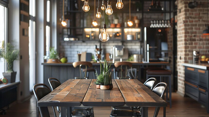 Industrial-style dining room with a reclaimed wood dining table, metal dining chairs, and Edison bulb pendant lights suspended from the ceiling - obrazy, fototapety, plakaty