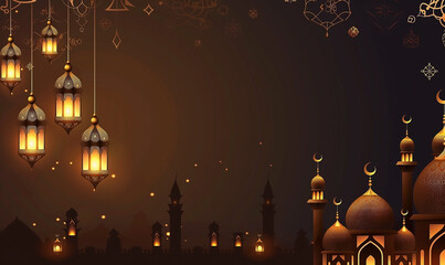 Ramadan Kareem golden light lanterns and mosque over a dark background with some lights