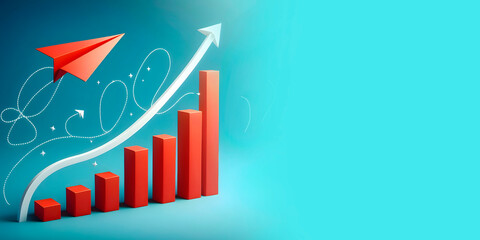 business graph with arrows and red red paper plane on an isolated background, banner with space for text