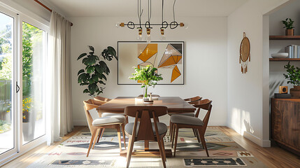 Mid-century modern dining room with a walnut dining table, molded plywood chairs, and a statement pendant light featuring a geometric design - obrazy, fototapety, plakaty