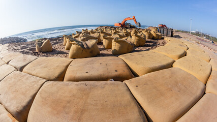 Beach Ocean Protection Sand Bags Barrier Coastline Weather Environment. - 760486657