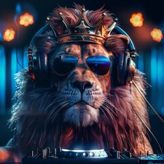 portrait image of a lion working as DJ. just a casual day at work. 