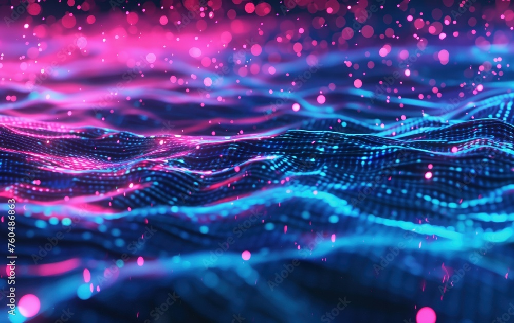 Poster digital waves, a mesmerizing visualization of digital waves in neon blue and pink hues, representing
