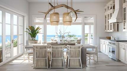 Modern coastal dining room with a whitewashed dining table, rattan dining chairs, and a driftwood chandelier evoking seaside elegance - obrazy, fototapety, plakaty