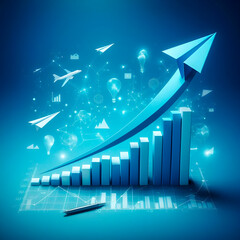 Growth graph on isolated background with blue paper plane