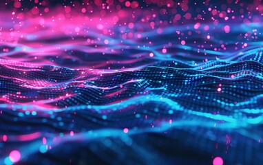 Digital Waves, A mesmerizing visualization of digital waves in neon blue and pink hues, representing the dynamic flow of data in the virtual space.