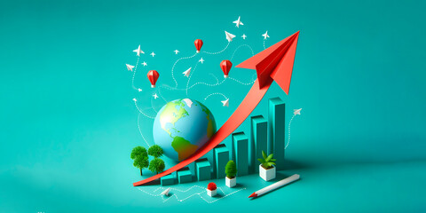 business graph with arrows and red red paper plane on an isolated background, banner with space for text